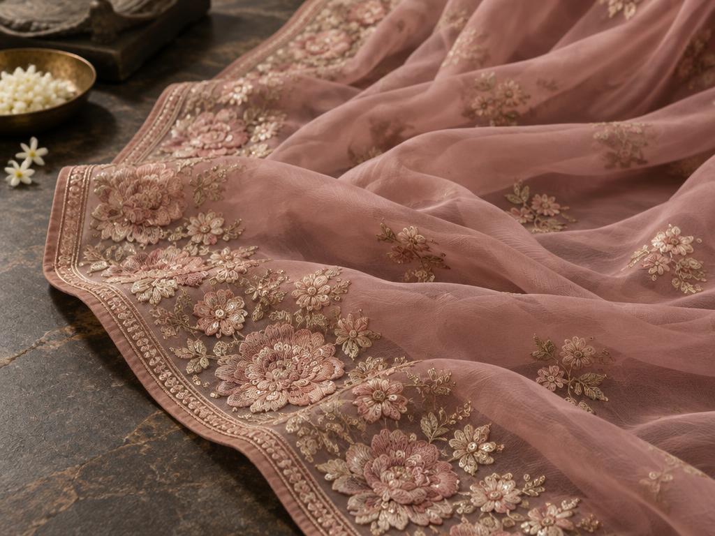 Embroidered rose georgette saree