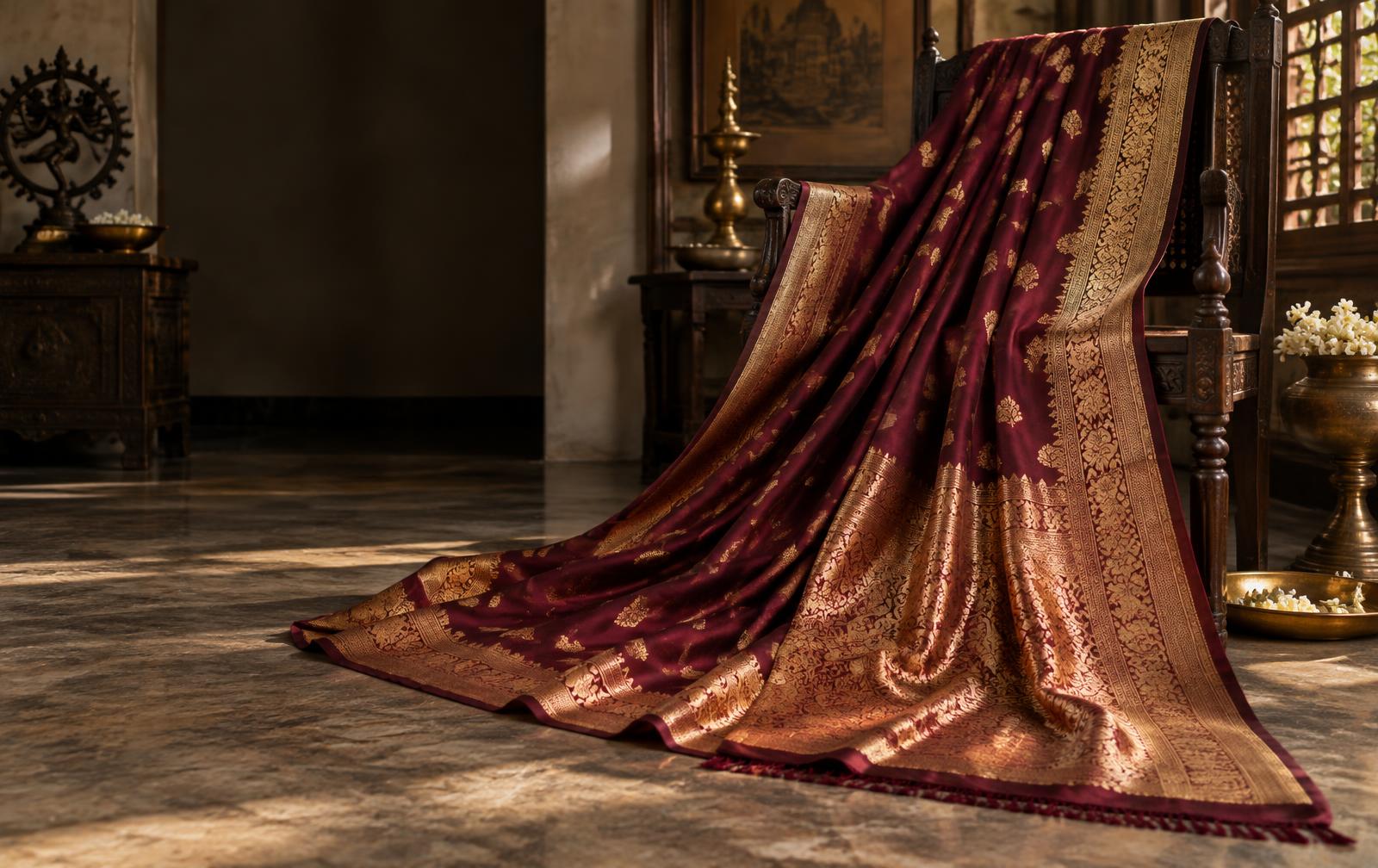 Deep maroon silk saree with intricate gold zari border