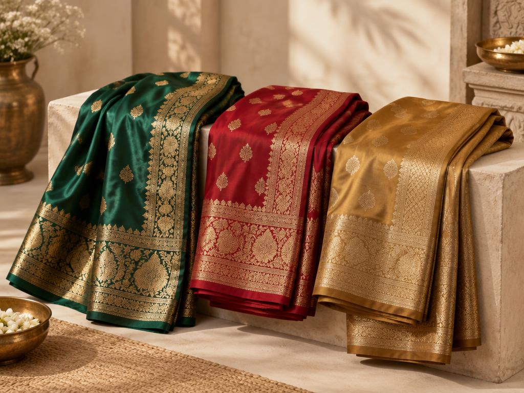 Folded green, red and gold silk sarees