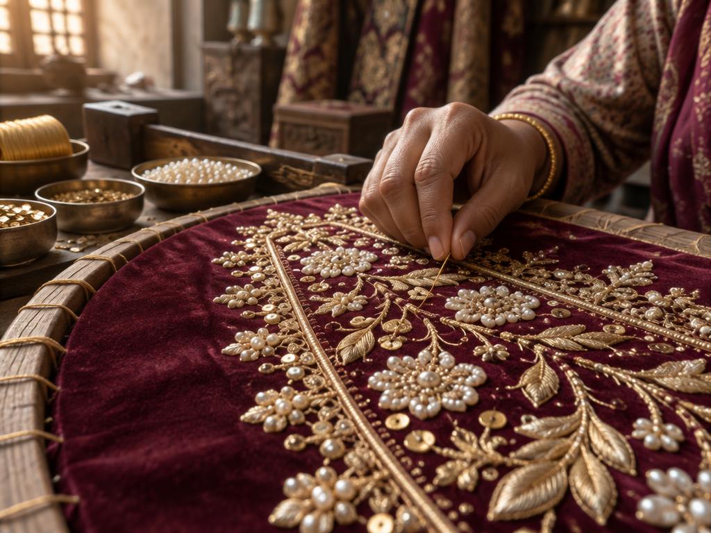 Gold embroidery on burgundy fabric
